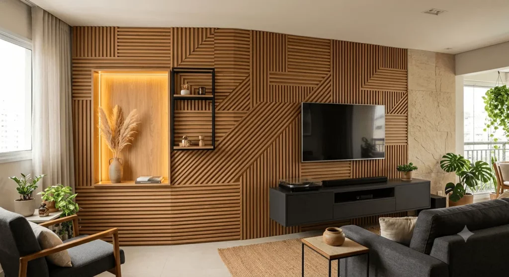 Imagem gerada por inteligência artificial e usada para fins ilustrativos de uma sala de estar moderna com uma parede de destaque geométrica em madeira. TV embutida, armários suspensos, prateleiras decorativas, plantas de interior e móveis em tons neutros completam o espaço bem iluminado com vista para a varanda.