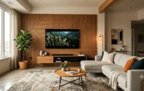 Imagem de uma sala de estar moderna com uma parede de destaque geométrica em madeira com uma TV fixada na parede, um sofá modular cinza, uma mesa de centro redonda de madeira, uma janela ampla, um vaso de planta e uma decoração contemporânea aconchegante | Imagem gerada por inteligência artificial e usada para fins ilustrativos