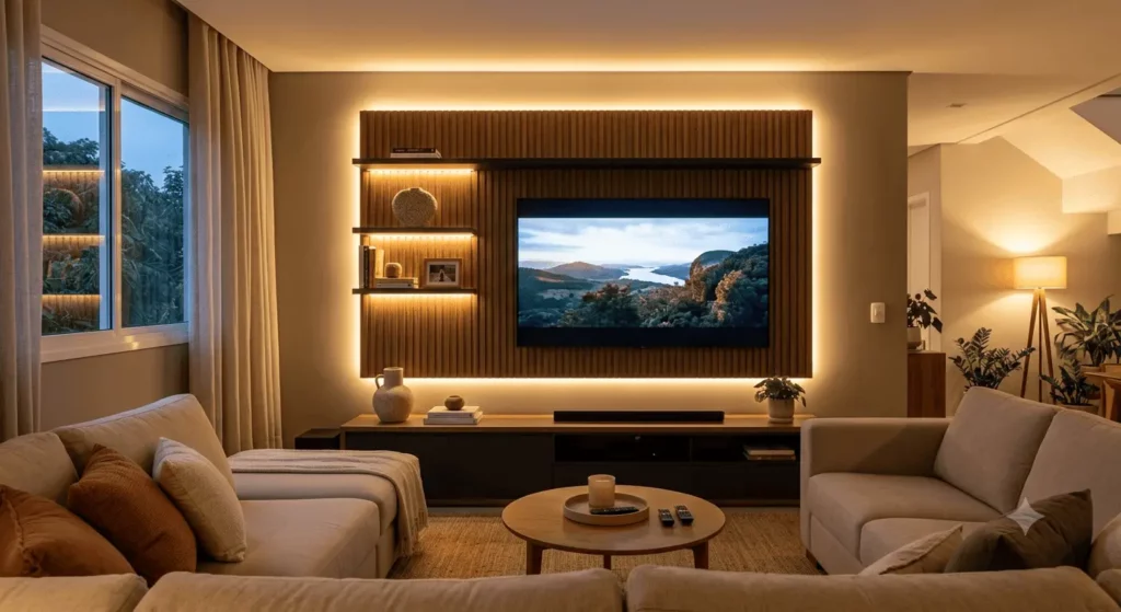 Imagem gerada por inteligência artificial e usada para fins ilustrativos de uma sala de estar moderna com uma grande TV montada na parede, rodeada por uma iluminação LED aconchegante, sofás bege, uma mesa de centro redonda de madeira, prateleiras decorativas, plantas de interior e muita luz natural.