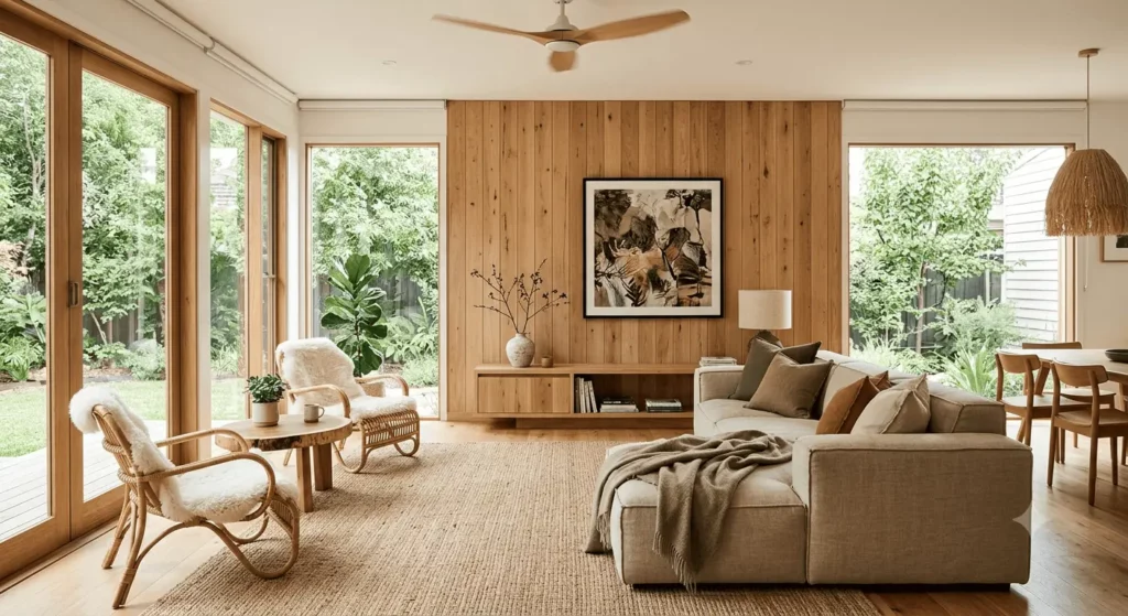 Imagem gerada por inteligência artificial e usada para fins ilustrativos de uma aconchegante sala de estar com paredes de madeira, janelas amplas e portas de vidro. Um sofá modular bege, duas cadeiras de madeira e uma mesa de centro convidam ao relaxamento.