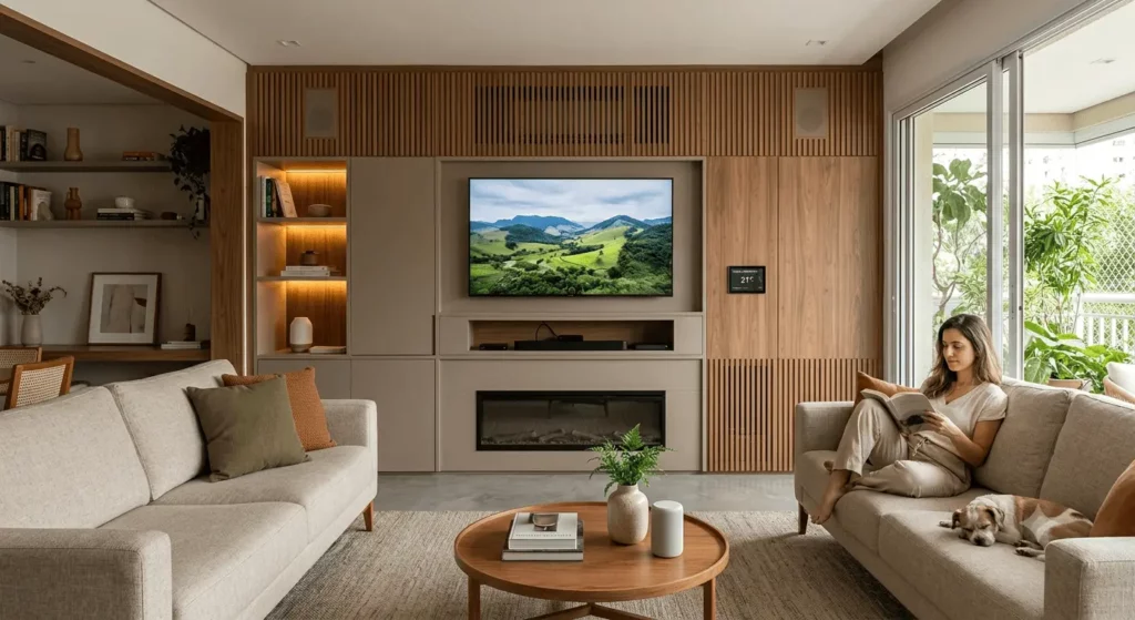 Imagem gerada por inteligência artificial e usada para fins ilustrativos de uma mulher lendo um livro em um sofá bege em uma sala de estar moderna com painéis de madeira, uma TV na parede exibindo uma paisagem, estantes embutidas, uma mesa de centro redonda e uma grande janela.