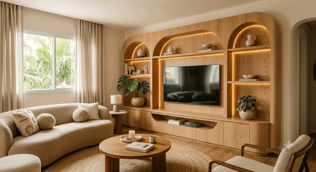 Imagem gerada por inteligência artificial e usada para fins ilustrativos de uma sala de estar moderna com um sofá bege curvo, uma mesa de centro redonda de madeira, prateleiras de madeira clara com iluminação embutida, uma TV grande com ideias de painel para sala, plantas de interior e uma janela com cortinas transparentes que deixam entrar a luz natural.