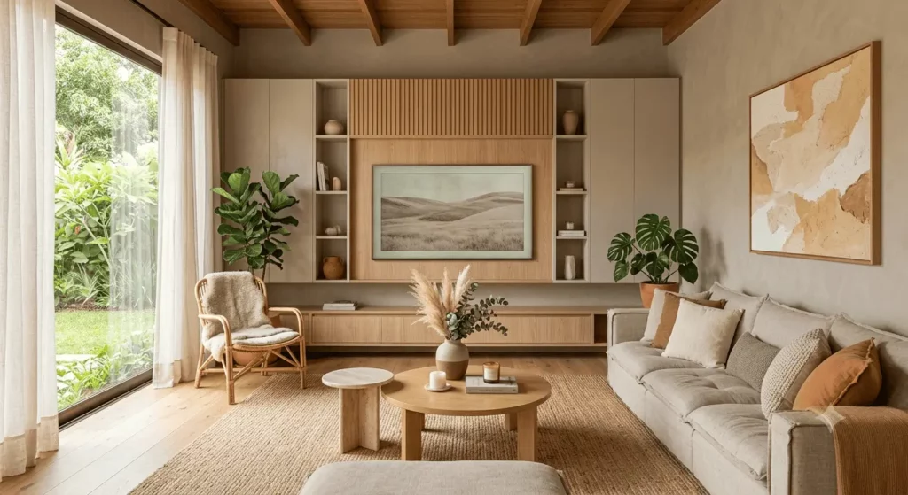 Imagem gerada por inteligência artificial e usada para fins ilustrativos de uma sala de estar moderna com tons neutros, um sofá grande, uma mesa de centro redonda de madeira, uma poltrona, plantas de interior, estantes embutidas, quadros emoldurados e janelas amplas que deixam entrar luz natural.