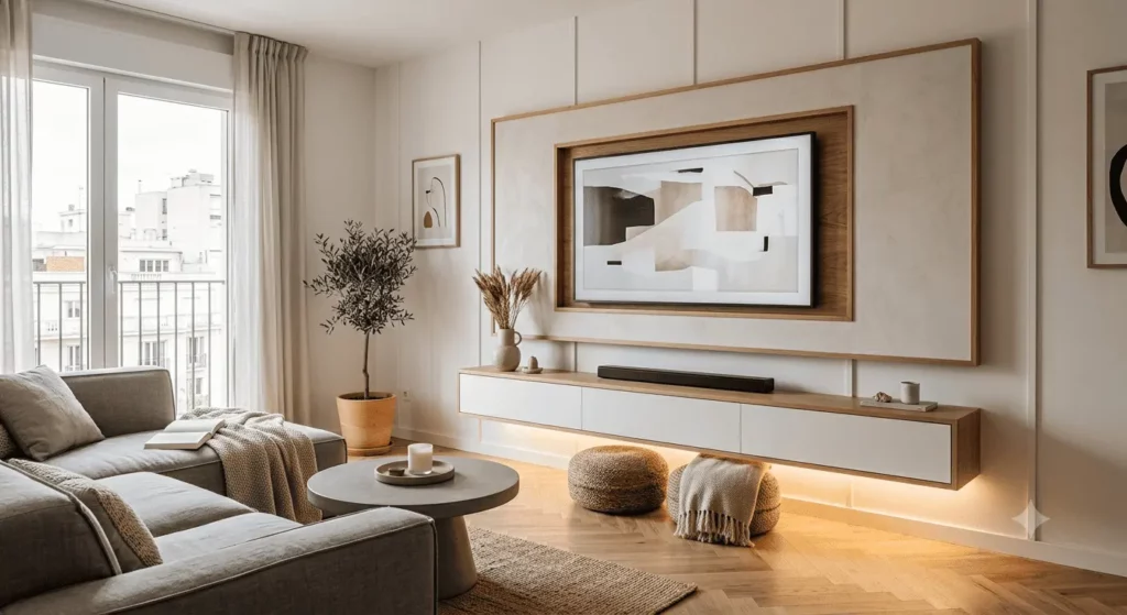 Imagem gerada por inteligência artificial e usada para fins ilustrativos de uma sala de estar moderna com sofá cinza, mesa de centro redonda e TV fixada na parede exibindo arte abstrata.
