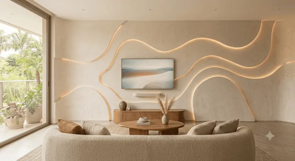 Imagem gerada por inteligência artificial e usada para fins ilustrativos de uma sala de estar moderna com uma parede bege texturizada, com linhas onduladas retroiluminadas, além de uma TV montada na parede, uma mesa de centro redonda de madeira com detalhes decorativos, um sofá curvo com almofadas e grandes janelas com vista para a vegetação.
