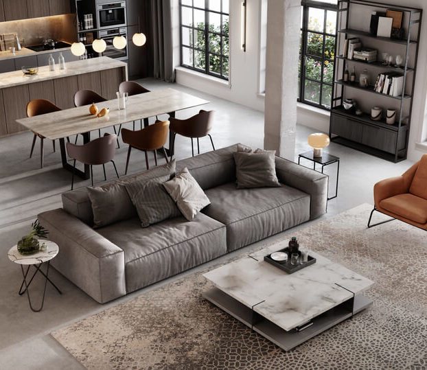 Ampla sala conjugada e decorada com estilo contemporâneo