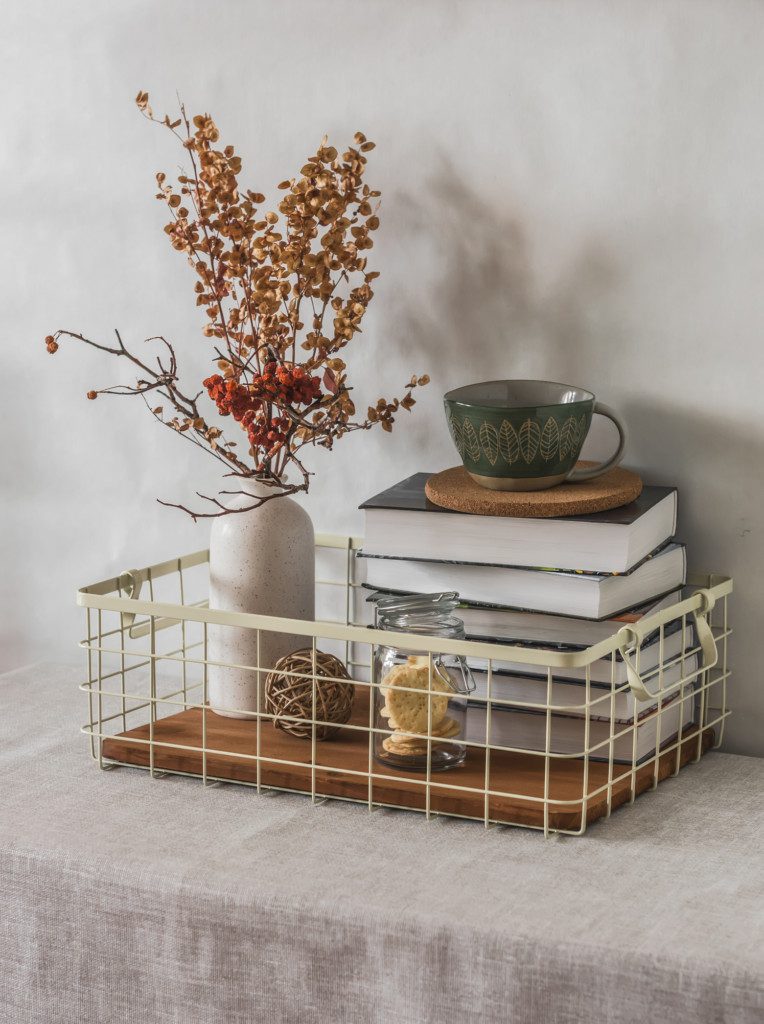 Cesto aramado com livros e uma vasos de plantas decorativo.