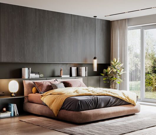 Quarto com grande janela e decoração contemporânea