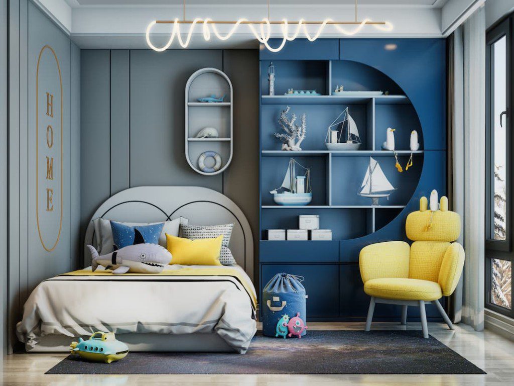 Exemplo de quarto com decoração azul.