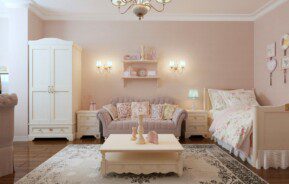 Quarto com sala de estar, com decoração estilo provençal.