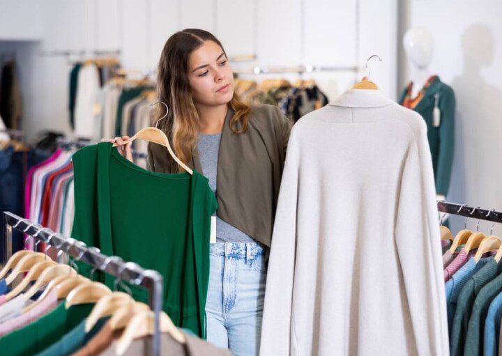 Foto que ilustra matéria sobre onde comprar roupas baratas em Belo Horizonte mostra uma mulher em meio a araras repletas de roupas penduradas em uma loja