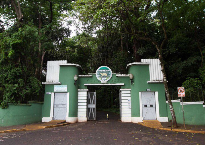 Foto que ilustra matéria sobre o Zoológico Ribeirão Preto mostra a entrada do Zoológico com árvores no seu entorno.