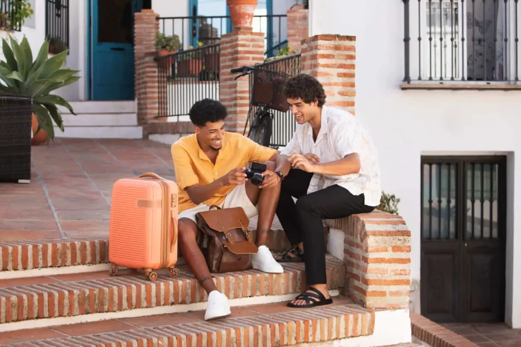 Imagem de dois homens sentados em degraus de tijolos do lado de fora de um prédio branco. Com uma mala pêssego e uma sacola marrom por perto, eles parecem relaxados.