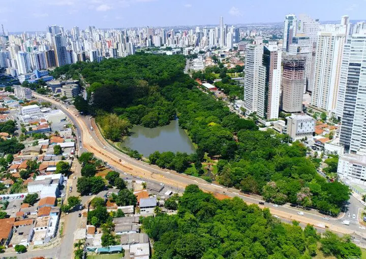 Imagem de lago, gramado e árvores no Parque Areião, em Goiânia, cercados por prédios e imóveis da cidade
