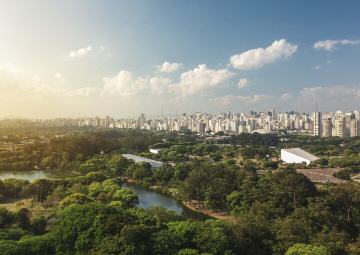 Imagem aérea de parque arborizado em meio aos prédios de São Paulo para ilustrar matéria sobre parques na zona oeste de sp