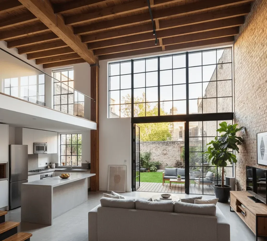 Imagem gerada por inteligência artificial mostra ummoderno loft no térreo com teto alto, grandes janelas em estilo industrial, uma cozinha aberta e uma área de estar com um sofá de frente para a TV. Portas de vidro abrem para um pequeno pátio com assentos e vegetação.