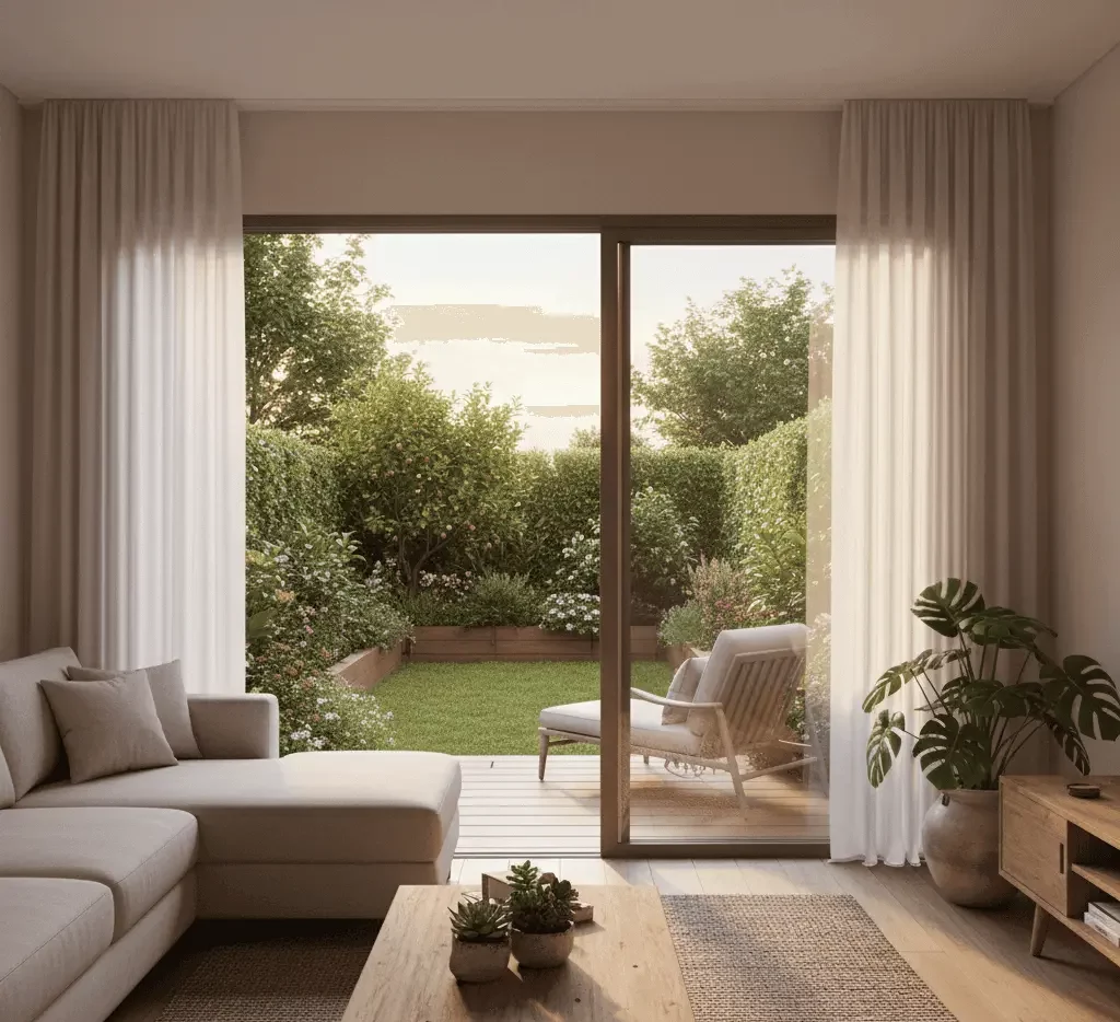 Imagem gerada por inteligência artificial mostra uma sala de estar moderna em um apartamento térreo com um sofá branco e uma mesa de centro de madeira, de frente para portas de vidro que se abrem para um jardim.