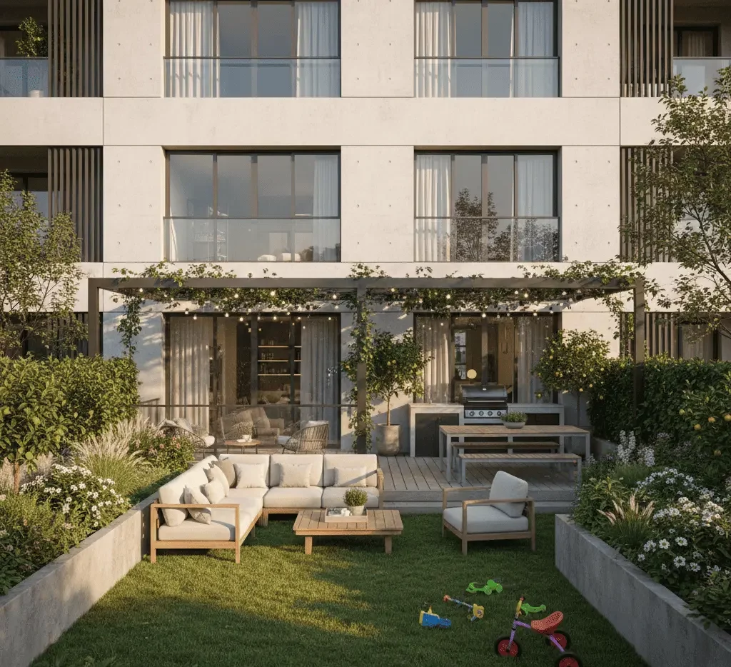 Imagem de um apartamento térreo garden gerada por inteligência artificial mostra um moderno apartamento com um espaçoso pátio e jardim, com assentos ao ar livre, uma área para refeições, uma churrasqueira, vegetação e brinquedos infantis espalhados pela grama.