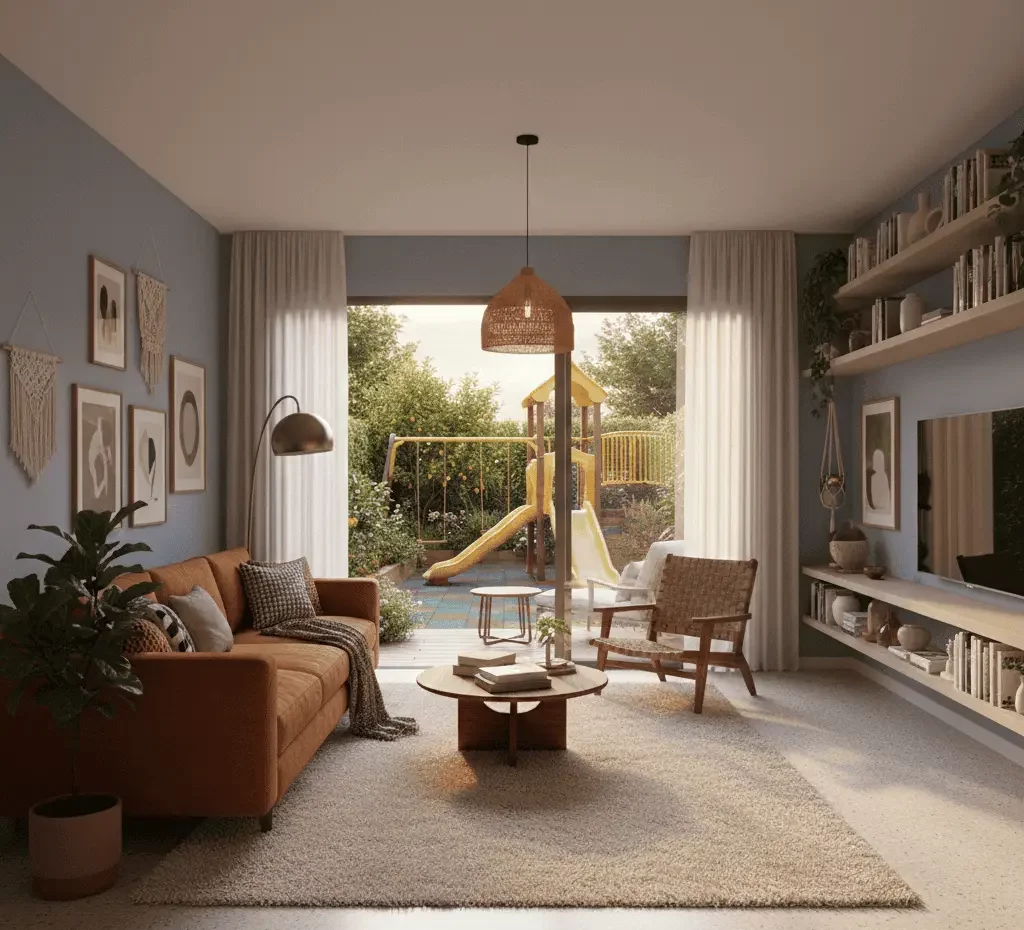 Imagem gerada por inteligência artificial mostra uma aconchegante sala de estar com um sofá marrom, poltrona, mesa de centro redonda e arte na parede. Grandes janelas mostram um quintal verde com um escorregador amarelo e um playground ao fundo.