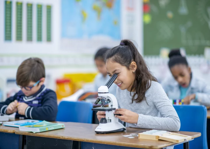 Imagem de menina olhando em um microscópio em uma sala de aula cheia de crianças para ilustrar matéria sobre escolas particulares em Santana de Parnaíba