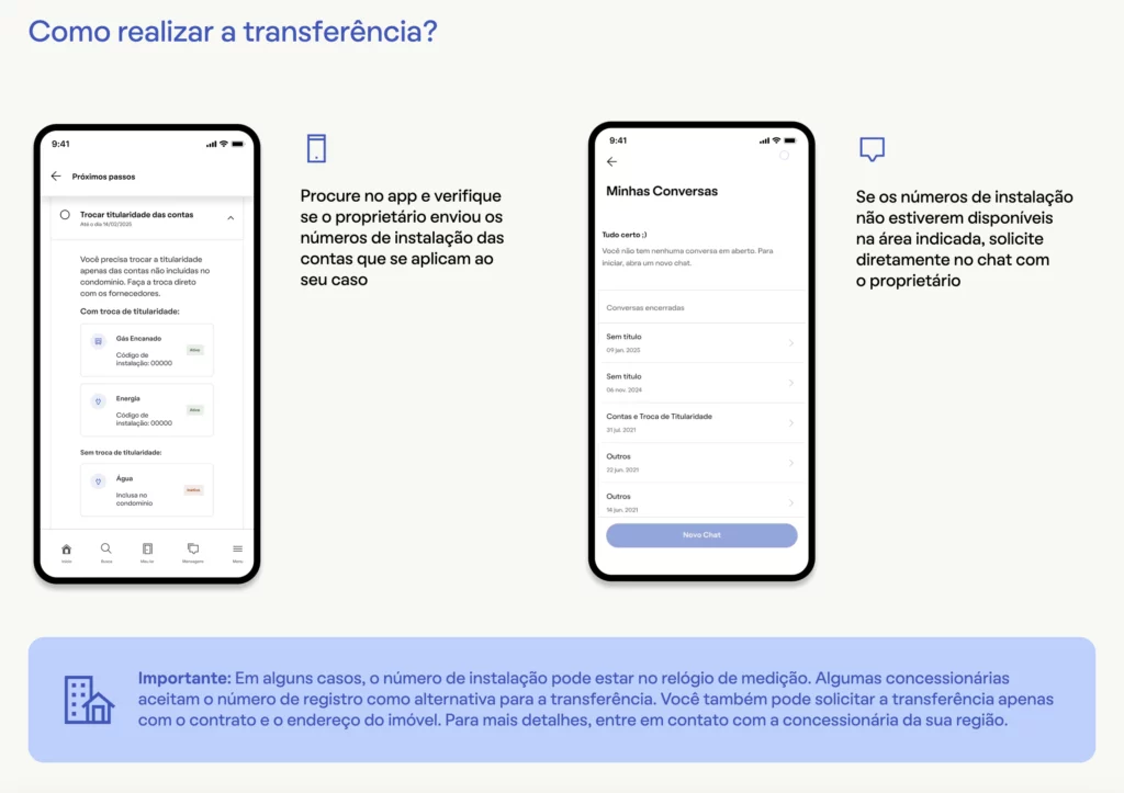 Três telas de smartphone mostram as etapas para a transferência de informações de conta em um aplicativo, incluindo a verificação dos números de instalação e o bate-papo, caso os detalhes não estejam visíveis. Uma caixa azul indica: posso transferir conta de luz com débito? Verifique as instruções do aplicativo quanto à elegibilidade.