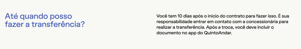 Texto em português pergunta "Posso transferir conta de luz com débito?" e explica que o prazo é de 10 dias após o início do contrato, sendo necessário contatar a concessionária e adicionar o documento no aplicativo QuintoAndar.