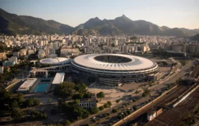 Foto que ilustra matéria sobre o estádio do Maracanã mostra o complexo onde fica a arena vista do alto, com prédios e montanhas do Rio de Janeiro ao fundo.