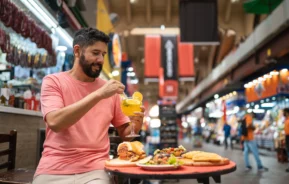 Imagem de um homem tomando uma bebida com alguns lanches em cima de uma mesa no Mercado Municipal para ilustrar matéria sobre os mercados em São Paulo