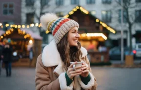 Imagem de uma mulher com blusa de frio, cachecol e touca sorrindo enquanto toma uma bebida quente para ilustrar a matéria sobre cidades mais frias de SP