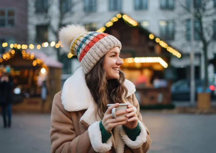 Imagem de uma mulher com blusa de frio, cachecol e touca sorrindo enquanto toma uma bebida quente para ilustrar a matéria sobre cidades mais frias de SP