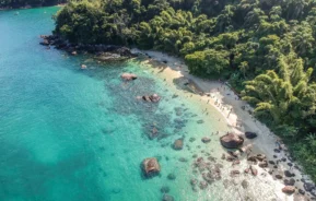 Imagem de praia tropical em Ubatuba com mar claro e faixa de areia curta cercada de vegetação para ilustrar matéria sobre melhores praias de SP