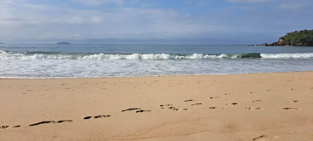 Imagem da faixa de areia e mar da Praia de Itamambuca, em Ubatuba, no litoral de São Paulo