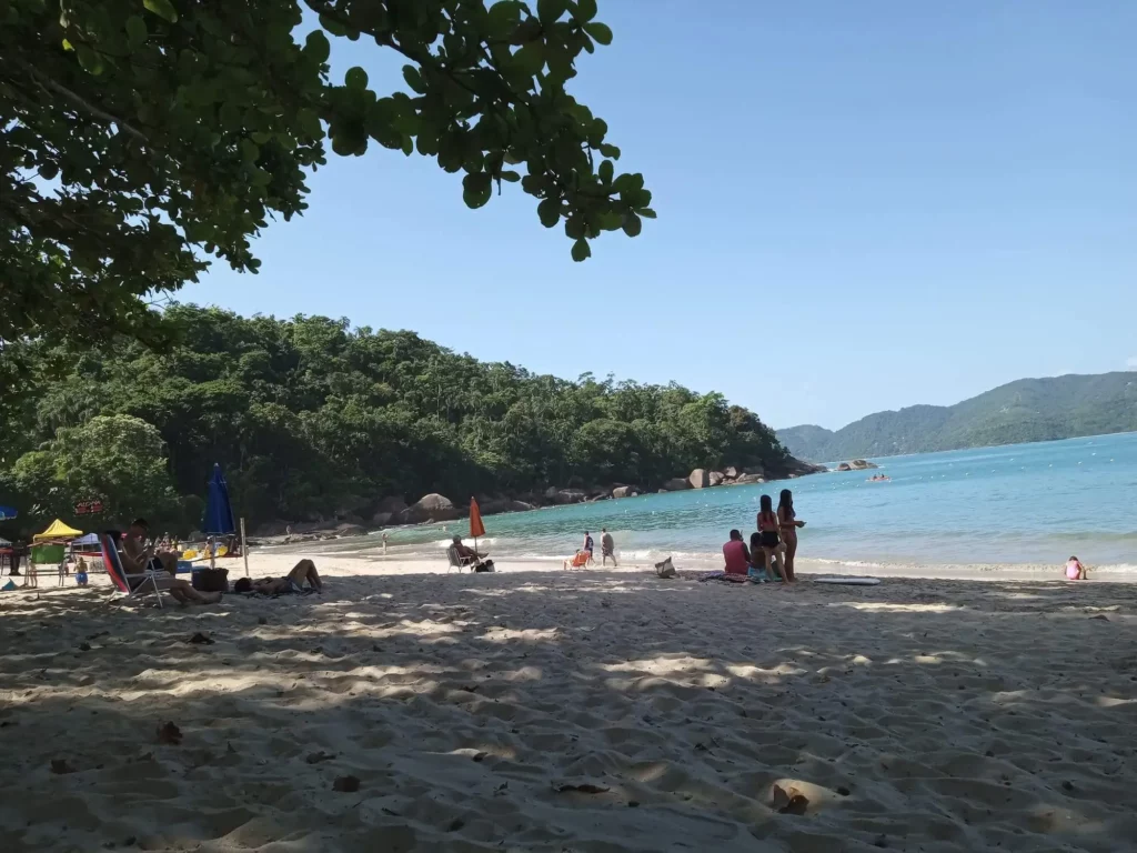 Imagem da faixa de areia, mar e banhistas na Praia Domingas Dias, em Ubatuba