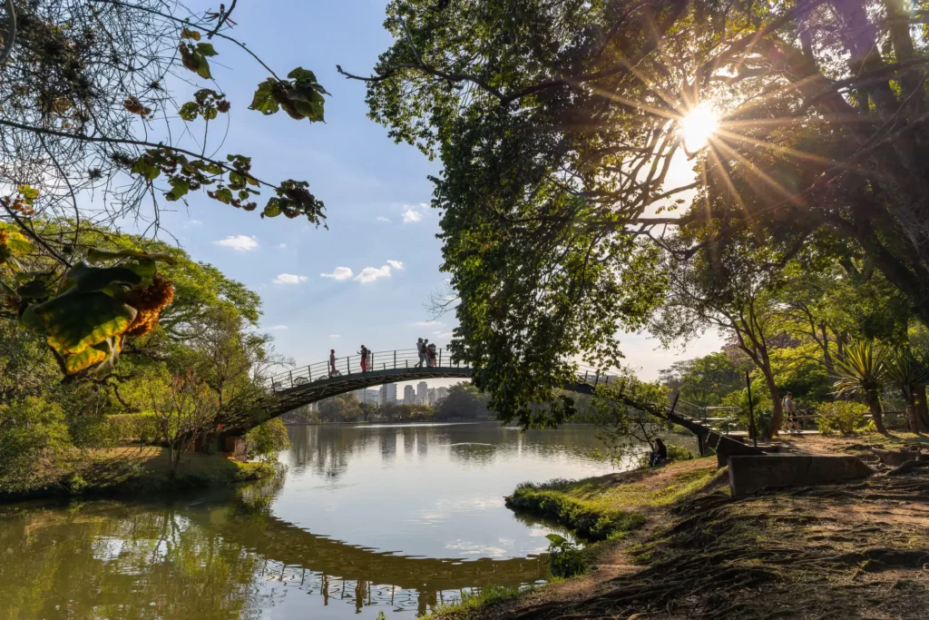 Imagem da vista do pôr do sol no Parque Ibirapuera, em São Paulo, mostra lago, ponto e árvores para ilustrar matéria sobre o que fazer perto da Linha 1-Azul do metrô de São Paulo