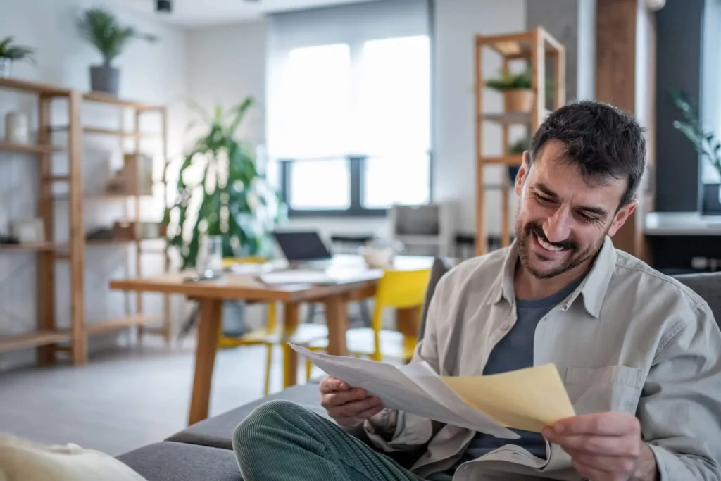 Imagem de um homem sentado em um sofá em uma sala de estar moderna e iluminada para ilustrar matéria sobre quando não posso usar o FGTS para compra de imóvel. Prateleiras com plantas e uma escrivaninha são visíveis ao fundo 
