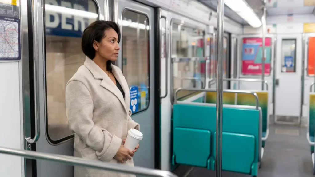 Imagem de uma mulher em pé em um trem do metro encostada na porta para ilustrar matéria sobre as estações inauguradas da linha 15