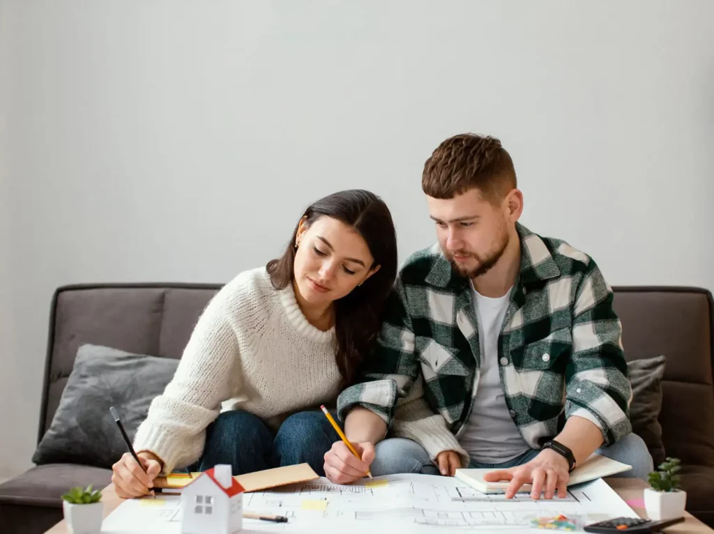 Imagem de um homem e uma mulher sentados no sofá de uma sala analisando as finanças em papéis dispostos em cima de uma mesa de centro para ilustrar matéria sobre como fazer a divisão de imóvel financiado