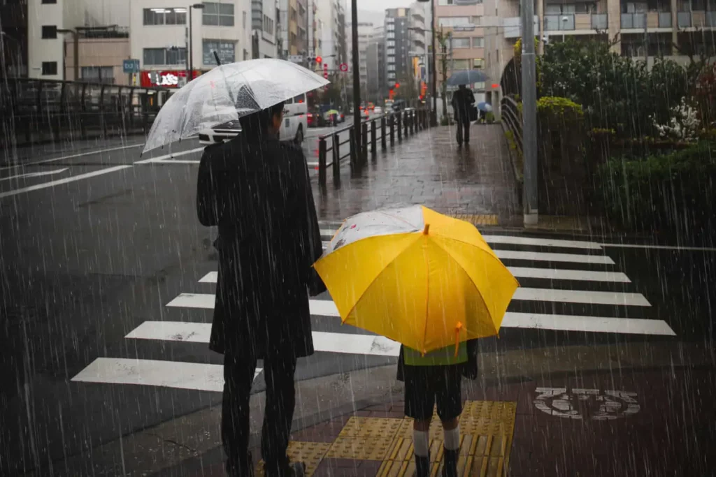 Imagem de um homem e uma criança com guarda-chuva atravessando a faixa de pedestre em um dia chuvoso para ilustrar matéria sobre quais as cidades que mais chovem em Santa Catarina