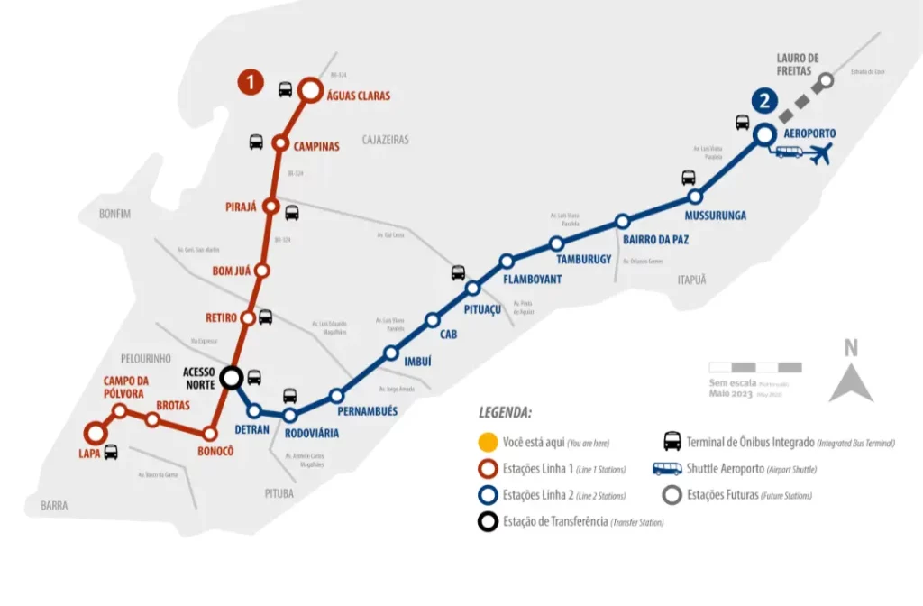 Imagem que ilustra matéria sobre a Estação Bonocô mostra o mapa das linhas do metrô de Salvador