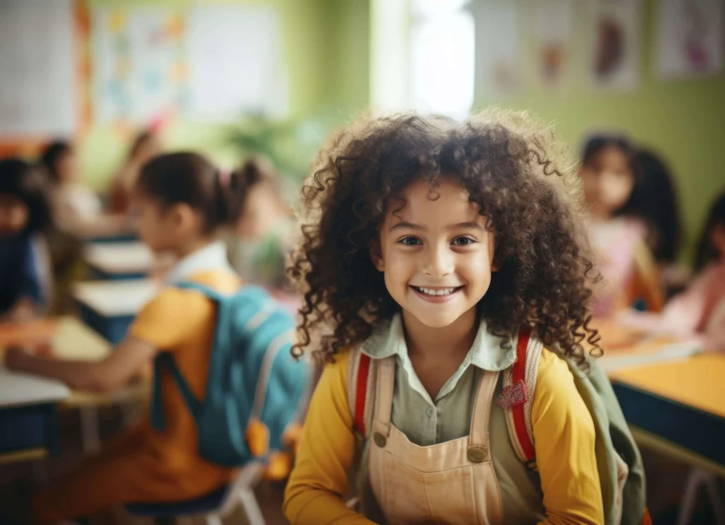 Imagem de uma criança sorrindo dentro de uma sala de aula com uma mochila nas costas para ilustrar matéria sobre as escolas particulares em Mesquita, no RJ