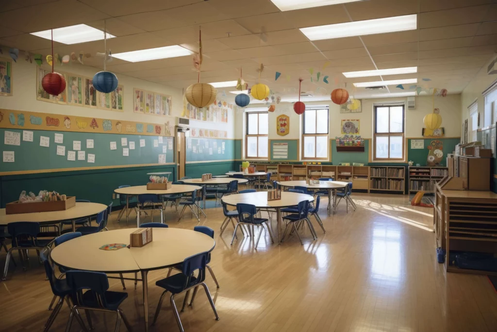 Imagem de uma sala de aula vazia com mesas, cadeiras e enfeites colados na parede e no teto para ilustrar matérias sobre escolas particulares em Nova Iguaçu