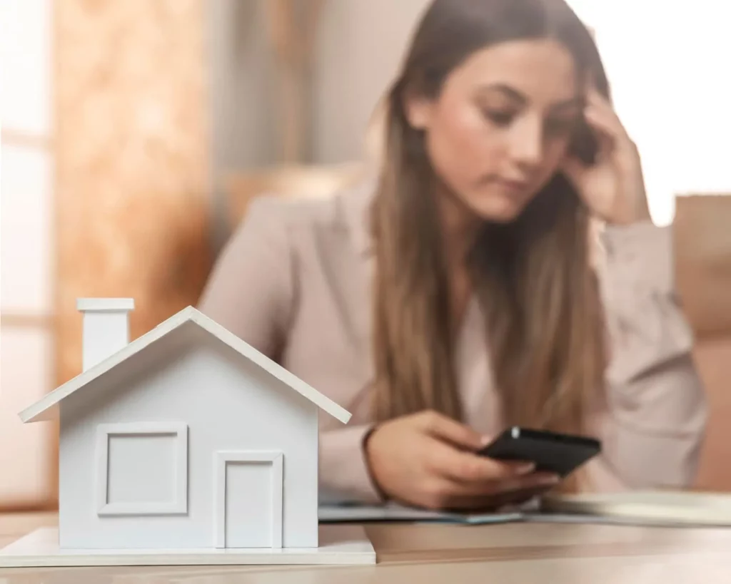 Imagem de casa de madeira em tamanho miniatura em primeiro plano em cima de uma mesa e uma mulher mexendo no celular com cara de preocupada em segundo plano para ilustrar como o inquilino deve proceder depois de uma denúncia vazia