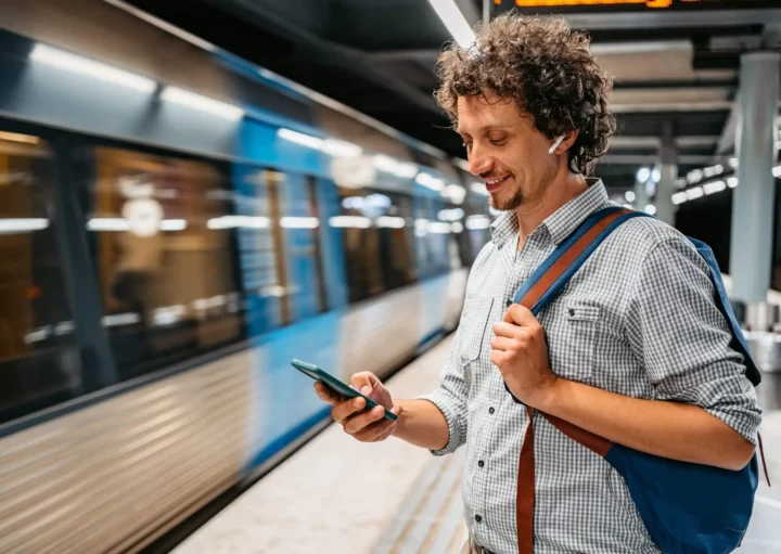 Imagem de um homem em pé em uma estação de metrô mexendo no celular enquanto um trem passa pela estação para ilustrar matéria sobre morar perto do metrô