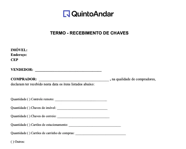 Imagem de um termo de recebimento de chaves utilizado pelo QuintoAndar para formalizar a posse do novo morador de um imóvel comprado ou alugado durante transações imobiliárias