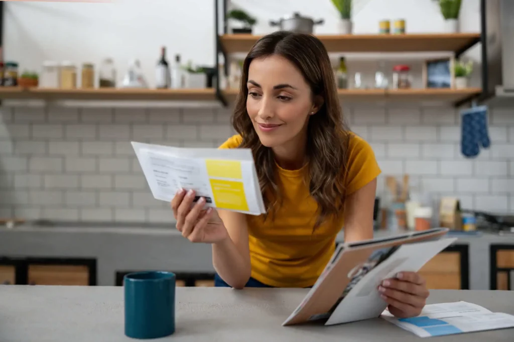 Imagem de uma mulher checando as cartas recebidas pelo correio na bancada da cozinha de casa ao lado de uma xícara de café para ilustrar matéria sobre quem direito a isenção de IPTU em Salvador