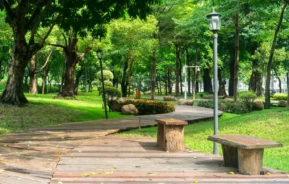 Imagem panorâmica de um parque vazio com um caminho de madeira e bancos para ilustrar matéria sobre os parques em Santa Catarina