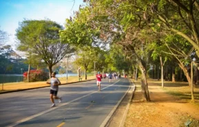 Foto que ilustra matéria sobre lugares para correr mostra diversas pessoas correndo em uma pista à beira de um lago no Parque do Ibirapuera em São Paulo (Foto: Getty Images)