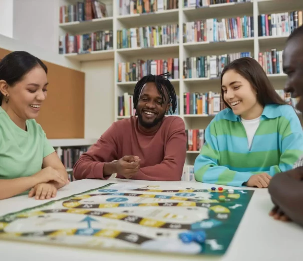 Imagem de pessoas amigos ao redor de uma mesa jogando um jogo de tabuleiro com uma prateleira com vários livros e jogos atrás para ilustrar matéria sobre bar com jogo de tabuleiro