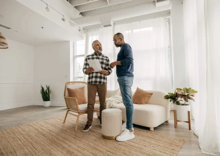Imagem de dois homens conversando em uma sala de estar moderna e bem iluminada. Um deles segura uma prancheta, enquanto o outro faz gestos. A sala tem um sofá, plantas, um tapete de tecido e grandes janelas que permitem a entrada de luz natural
