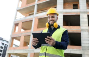 Imagem de um homem trabalhando na construção de um prédio segurando um tablet e sorrindo para ilustrar matéria sobre averbação de construção